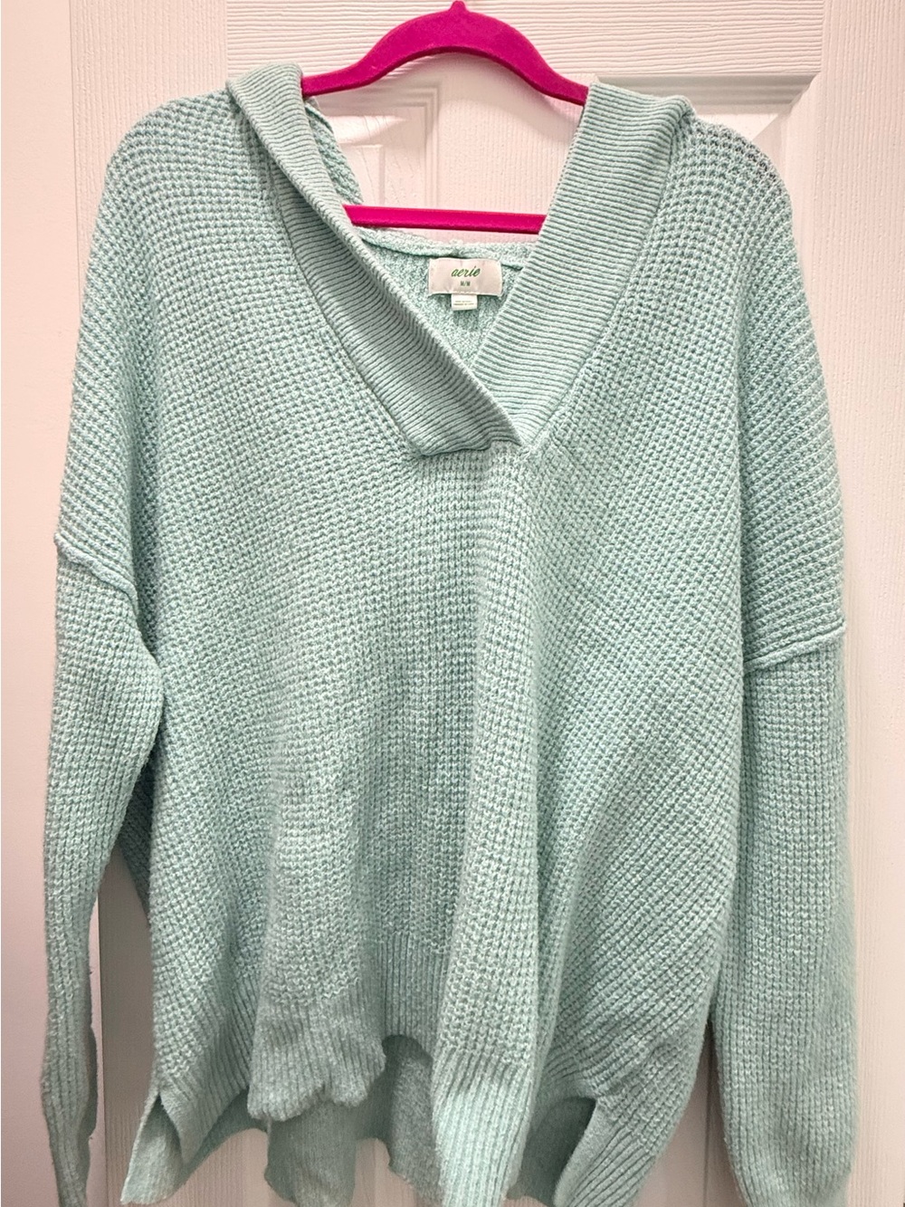 Aerie CozyUp Waffle Sweater Hoodie in Mint
